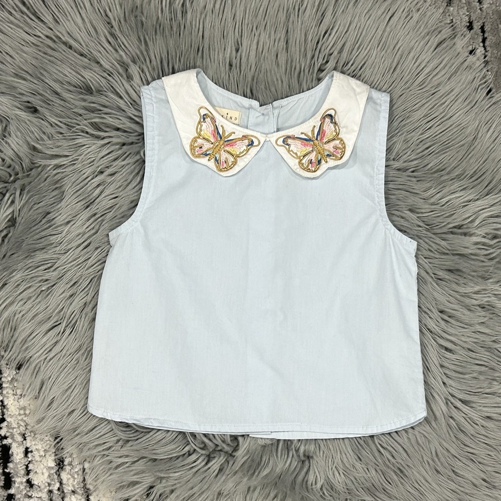 Kinderkind Girls Blue Sleeveless Collared Embroidered Butterfly Top Size 6